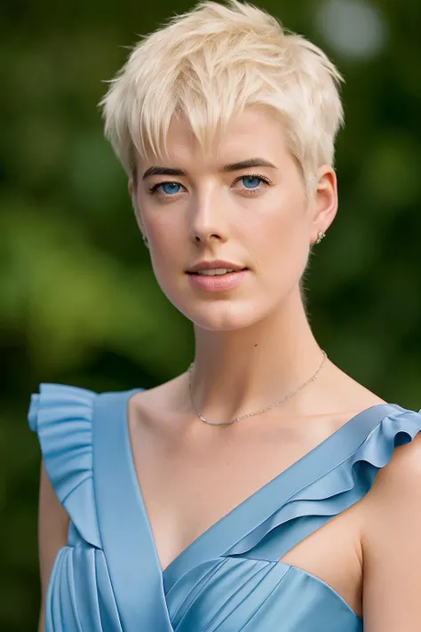 A professional full length portrait photograph of agyness_deyn in a blue evening dress, long legs, spiked hair, masterpiece, finely detailed skin, sharp focus, depth of field. female focus. bokeh:1.4, cinematic lighting, high-res, masterpiece:1.4, best qua...