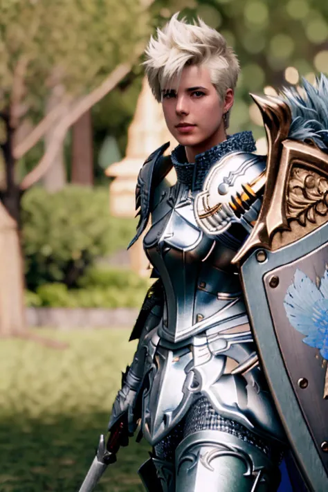 A professional full length portrait photograph of agyness_deyn in paladin armor, long legs, short hair, spiked hair, masterpiece, finely detailed skin, sharp focus, depth of field. female focus. bokeh:1.4, cinematic lighting, high-res, masterpiece:1.4, bes...