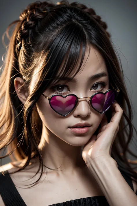 a close up of a woman wearing sunglasses with a heart shaped frame