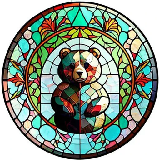 bear in snow <lora:sglass:0.8> stained sglass style circle medal