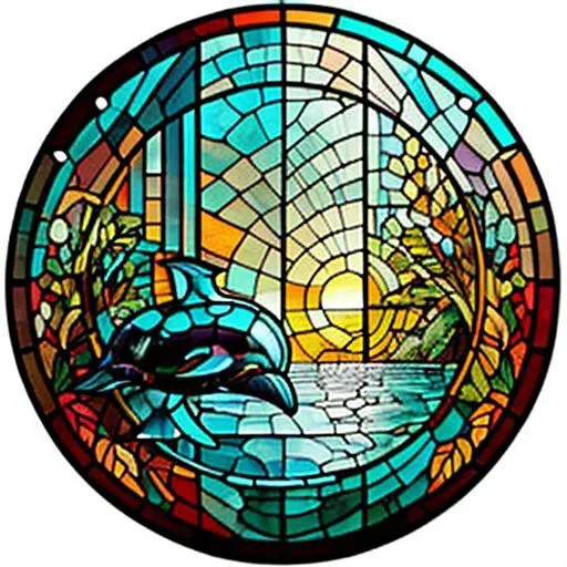 dolphin pacific sea <lora:sglass:0.8> stained sglass style circle]