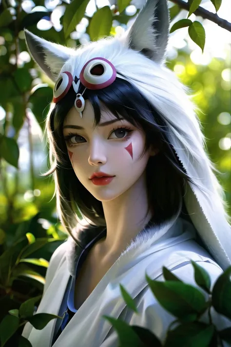 1girl, solo, beautiful princessmononoke in jungle with a giant grey wolves, serious, details, realistic, photography,looking at viewer, blurry background, softfocus,<lora:ARWPrincessMononoke:1>,<lora:koreanDollLikeness:0.6>