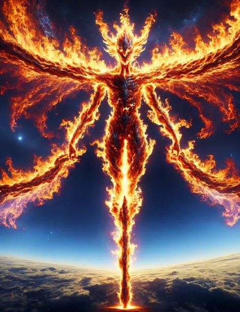 a fire breathing man in the sky with a large body of fire