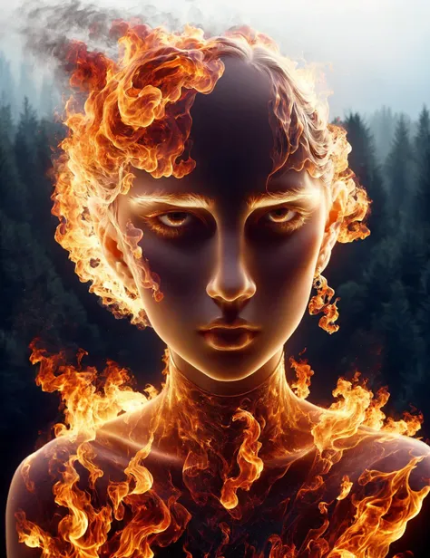 a woman with fire on her face and a forest in the background