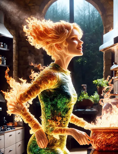 there is a woman that is cooking in a kitchen with fire