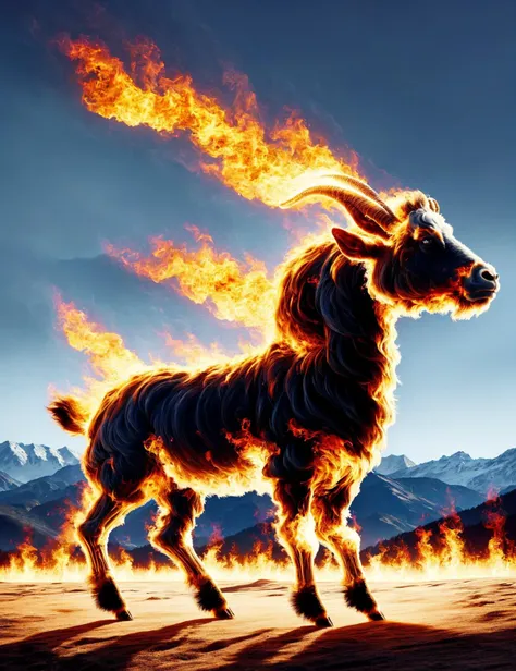 a painting of a goat with a fire trail in its mouth