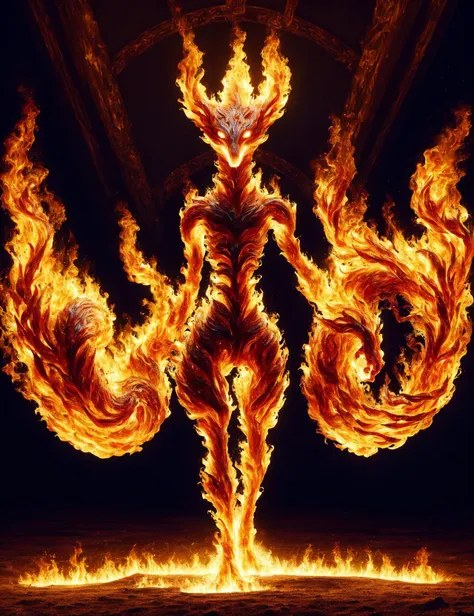 a fire breathing demon with flames in the air