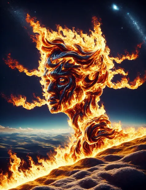 a man is running through the fire with a sky background