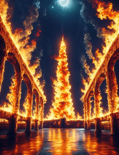 a large fire is burning in a building with arches