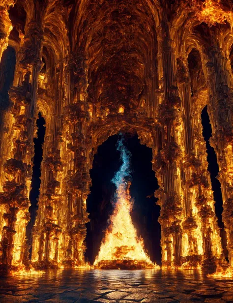 a large fire is lit up inside a building with columns