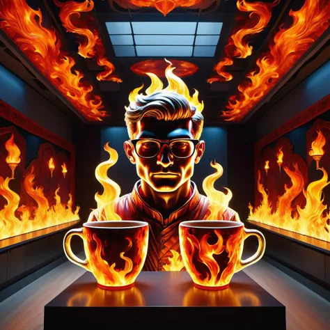 a close up of a person with glasses and a fire mug