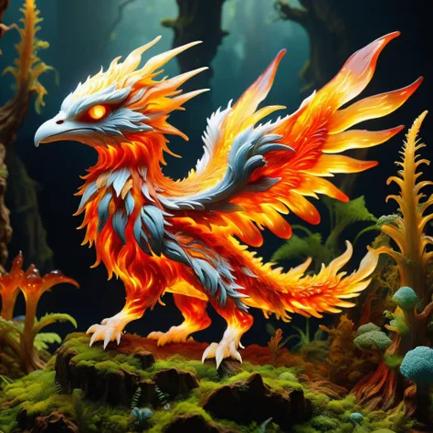 painting of a fire bird in a forest with moss and plants