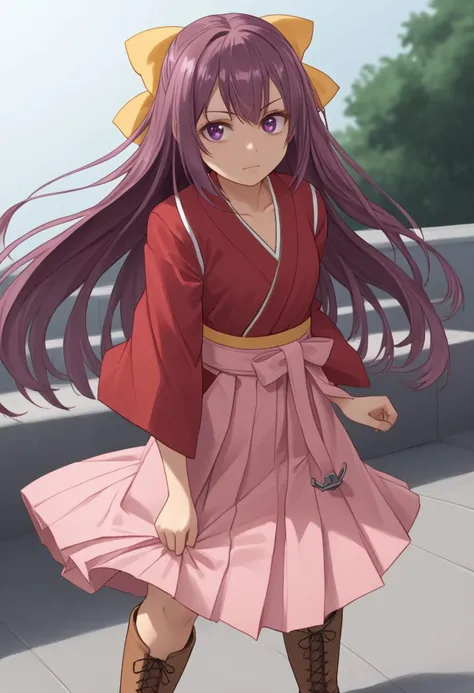 1girl, solo, kckmkz, open clothes, undressing, purple hair,long hair,purple eyes,yellow bow,red kimono ,pink hakama skirt,brown ...