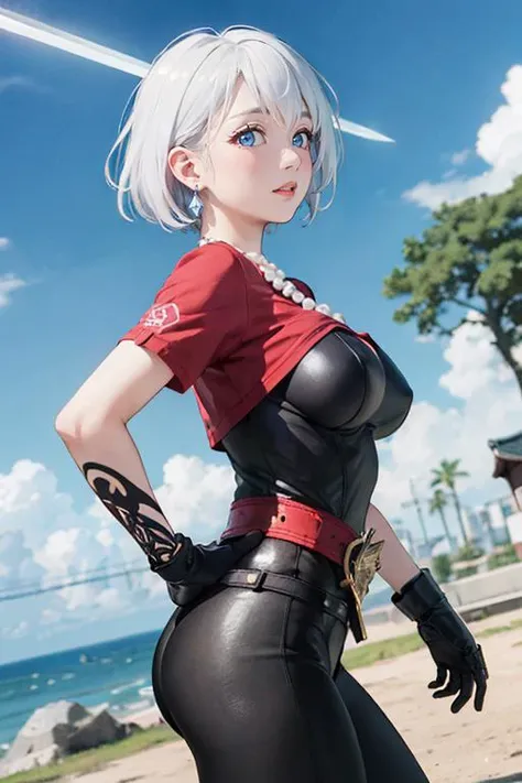 (masterpiece, best quality:1.1), thief (dq3), 1girl, solo, short hair, white hair, blue eyes, medium breasts, pink gloves, jewelry, pearl necklace, earrings, belt, yellow breastplate, black bodysuit, bag, (coin, sword on hip:1.2), (dutch angle, dynamic pos...