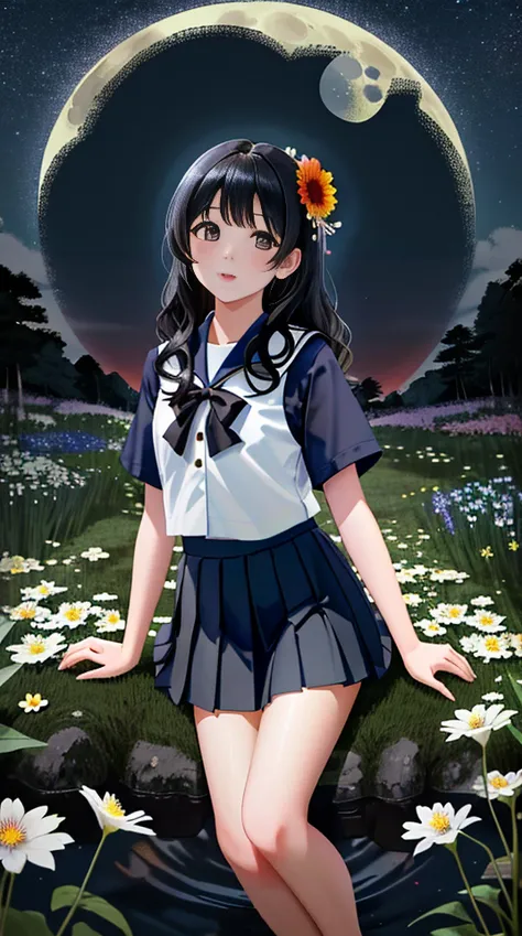 Best quality, masterpiece, ultra high res, 1girl, asian, japanese, cute, medium length wavy black hair, forest, flower meadow, looking at viewer, moon, night, dark photo, blurry background, fcDetailPortrait, good hands, (Navy Blue inverted pleated short sk...