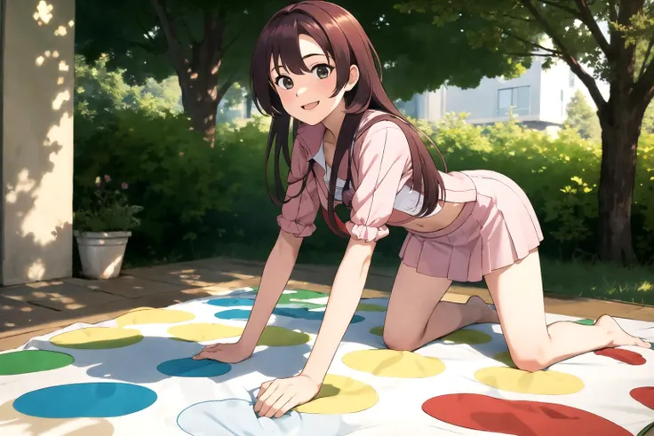 <lora:twisterGame_v10:1> twister_game, from side|from behind, 1girl, (nsfw:0.3), 1girl, smiling, detailed clothes, look at viewer, best quality, masterpiece, hires, depth of field, detailed photorealistic background, diffused natural sunlight, diffused nat...