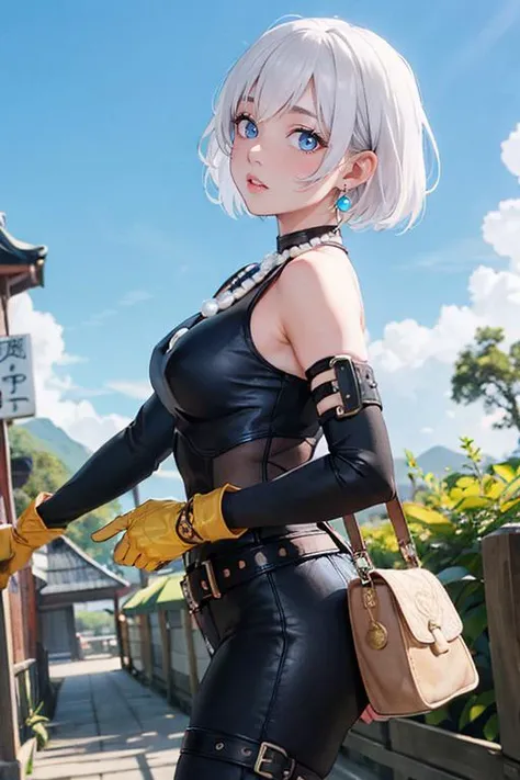 (masterpiece, best quality:1.1), thief (dq3), 1girl, solo, short hair, white hair, blue eyes, medium breasts, pink gloves, jewelry, pearl necklace, earrings, belt, yellow breastplate, black bodysuit, bag, (coin on hip:1.2), (dutch angle, dynamic pose, from...