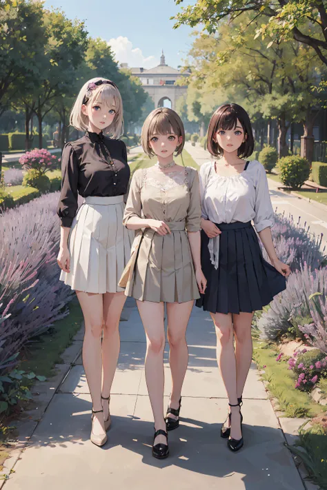 Ray Tracing, Global Illumination, 3girls, jk , rose large eyes, gray, medium hair, shameful _face, shiny skin, huge breasts, thick thighs, full body, Lavender blouse and beige pleated midi skirt , Botanical_garden, looking at viewer