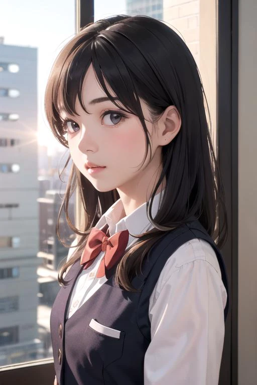 anime girl with long black hair and a bow tie standing in front of a window