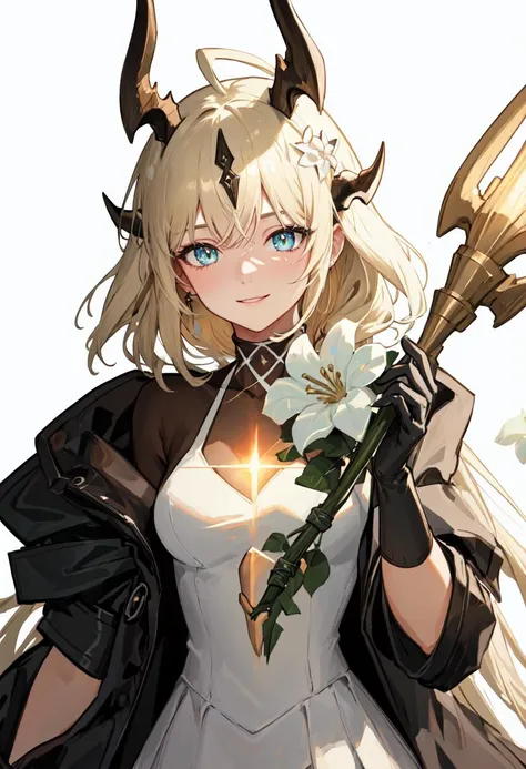 best quality, masterpiece, highres, solo, (reed_arknights:1.10), 1girl, looking at viewer, white dress, white flower, black jacket, hair flower, upper body, closed mouth, simple background, white background, black gloves, open jacket, holding flower, smile...