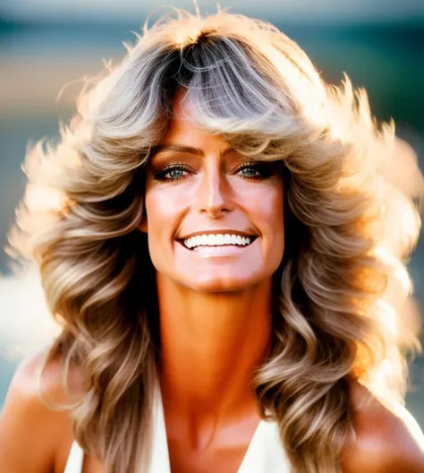 portrait Farrah Fawcett, photo, analog style, 4k, 8k, warm tones, sidelighting, professional photography, diffuse light <lora:FarrahF2:1>