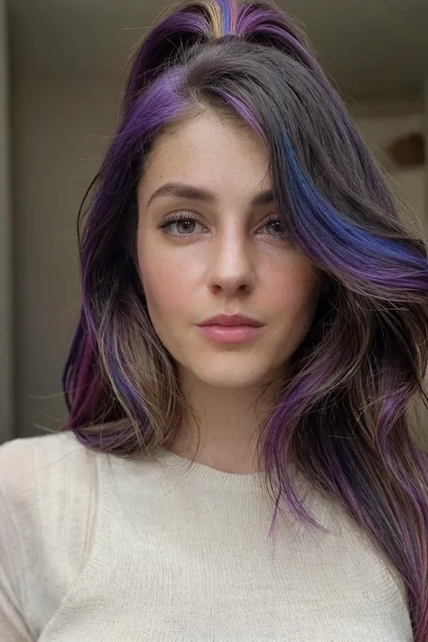 a close up of a woman with purple hair and a white shirt