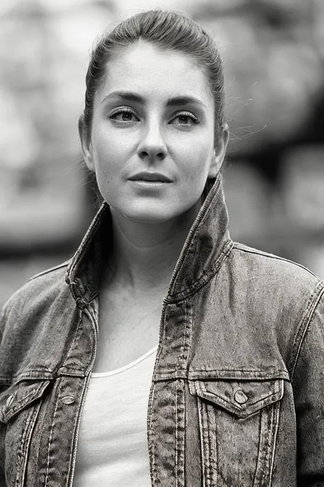 1girl, solo, portrait, ((black and white)), (denim jacket), looking at viewer, [blurry background], masterpiece, best quality, u...