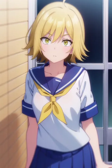 uraraurakata, <lora:urara urakata s1-lora-nochekaiser:1>,
urara urakata, short hair, blonde hair, ahoge, (yellow eyes:1.5),
BREAK skirt, school uniform, ahoge, pleated skirt, shoes, serafuku, socks, blue skirt, neckerchief, white socks,
BREAK indoors, clas...