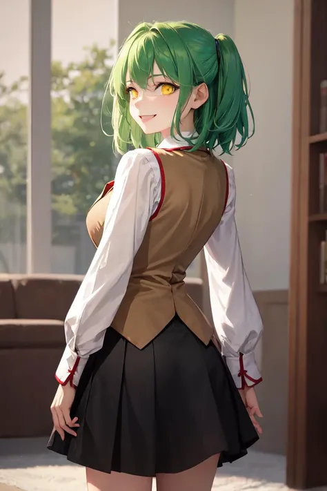 masterpiece, best quality, absurdres, perfect anatomy, 1girl, solo, green hair, medium hair, yellow eyes, medium breasts, smile, from behind, HomuraharaFemale, collared shirt, brown vest, long sleeves, black skirt, <lora:HomuraharaUniform:1>