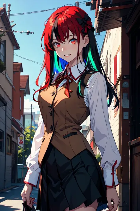 masterpiece, best quality, absurdres, perfect anatomy, 1girl, solo, multicolored hair, red eyes, long hair, smile, HomuraharaFemale, collared shirt, brown vest, long sleeves, black skirt, <lora:HomuraharaUniform:1>