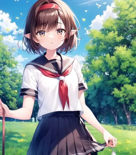 <hypernet:Mitsuba_Choco:0.9>, (masterpiece, best quality:1.2), extremely detailed, jewel like eyes, blue sky, clouds, park, trees, field, serafuku, white shirt, blue_sailor_collar, red_neckerchief, kitauji_high_school_uniform, blue skirt, pleated skirt, so...