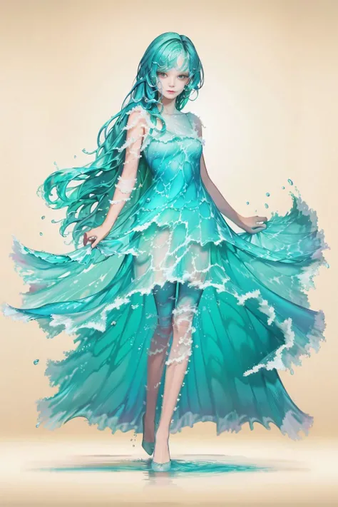 (masterpiece, best quality, high quality, highres, ultra-detailed), 1girl,solo,light_blue_hair,liquid hair, long hair,floating hair, full body, standing,sundress, liquid clothes,water dress,  <lora:LiquidClothesV1fixed:1>, best quality, 8k, detailed skin t...