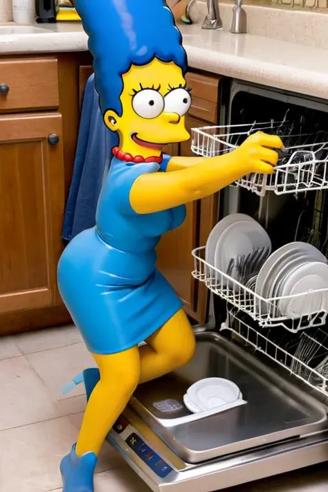 a close up of a woman in a blue dress putting dishes in a dishwasher