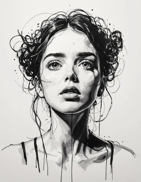 a black and white drawing of a woman with a messy hair