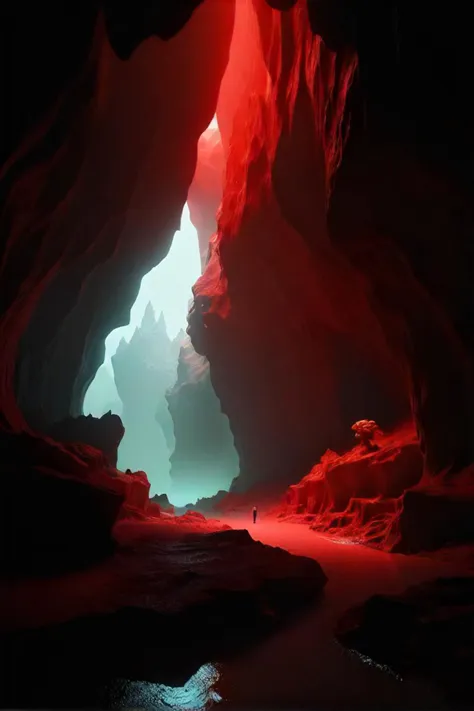 a close up of a person standing in a cave with a red light