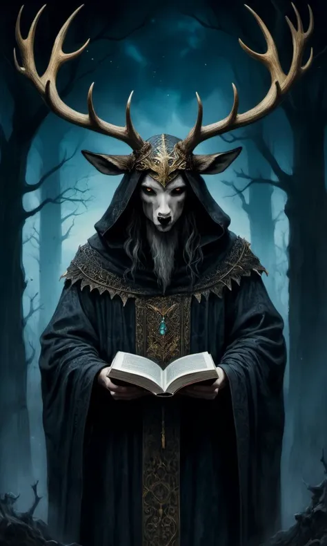 a deer with horns and a book in its hands