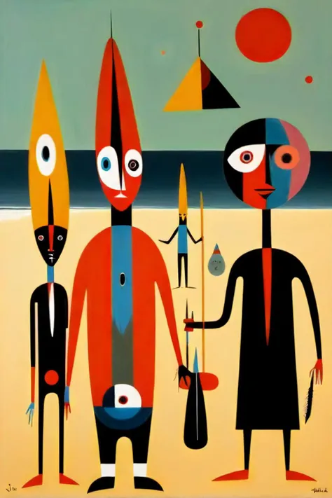 painting of a group of people with various objects on a beach, native american folk art, inspired by wilfredo lam, outsider art style, in the styles of joan miro, indigenous art, inspired by wifredo lam, abstract surrealist, outsider art, abstract surreali...