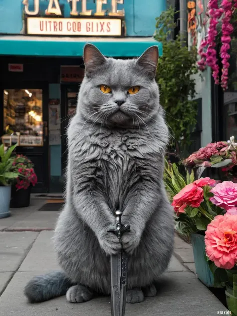 a close up of a cat sitting on a sidewalk with a knife in its paws