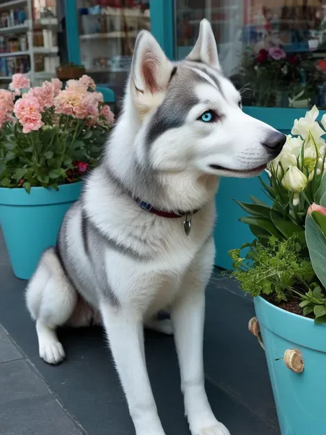 arafed husky dog sitting on a porch with flowers in a pot