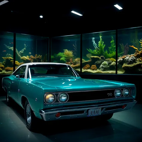 high-resolution 8k realistic photograph of a teal 68DodgeXL at the aquarium, studio lighting, rim lighting, shallow depth of field, <lora:68DodgeXL:0.85>