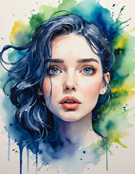 a painting of a woman with blue hair and blue eyes