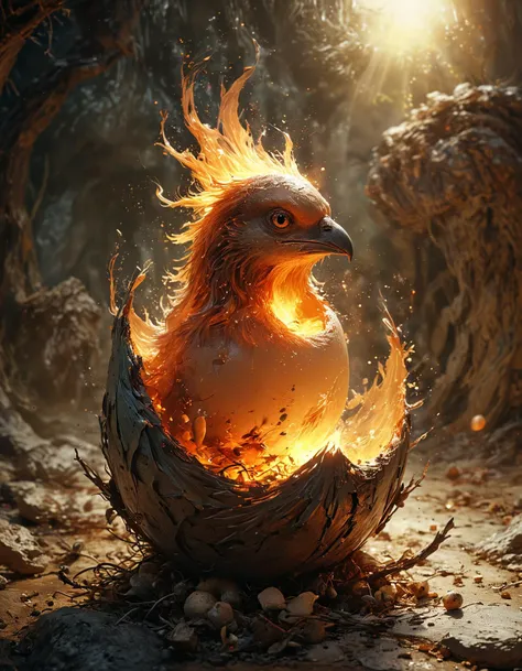 a close up of a bird in a nest with fire coming out of it