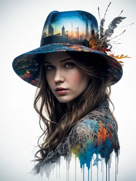 a woman wearing a hat with a city skyline painted on it