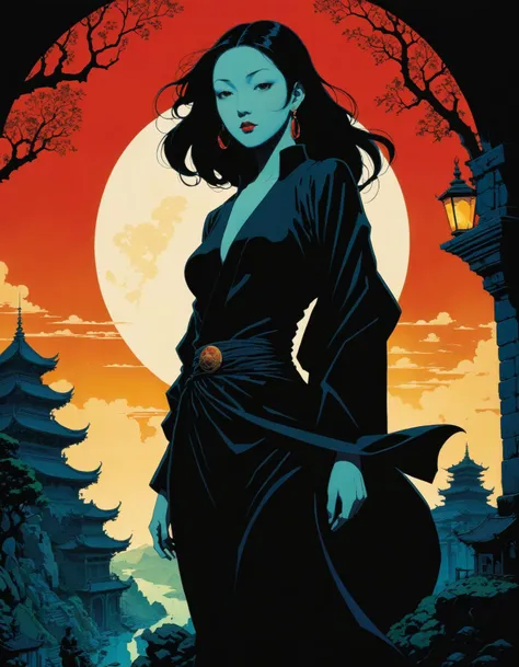 by Satoshi Kon and Mike Mignola,  (black , alluring , masterful:1.4), poster art, bold lines, hyper detailed, expressive,  award winning,  (landscape:1.4), (intricate details, masterpiece, best quality:1.4),
key lighting , looking at viewer, dynamic pose, ...