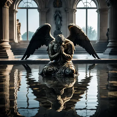 RAW photograpyh,the Fallen Angel on his knees praying, water reflection on the floor,a big scary statue,pessimistic atmosphere,perfect  ligthing,Style-EMCG,<lora:add-detail-xl:1.5>