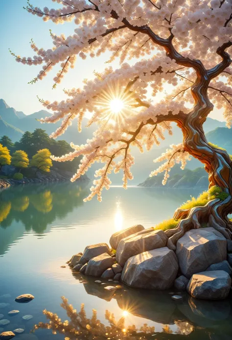 calligraphyinkstyle, sunlight, midday sun, summer, volumetric lighting, sunshine reflected in the water, sunrise, detailed background, peaceful atmosphere, detail colour is yellow, a cherry blossom tree, blooming flowers,<lora:tweak-detail-xl:0.7>, gems ma...