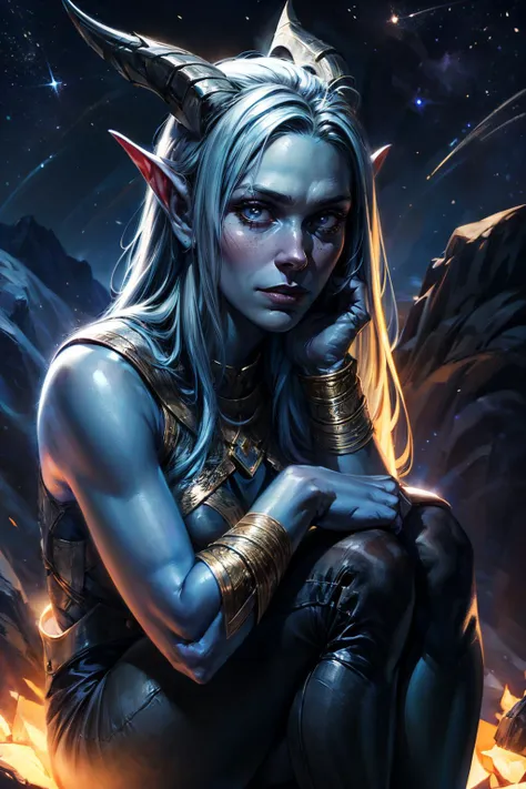 a woman with horns and a horned head sits on a rock