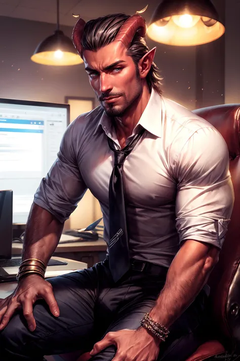 masterpiece, best quality, cinematic, natural lighting,insane detail, detailed background, professional photography,highres,handsome,thick facial hair,beautiful eyes, skin(red),formal white shirt(white) and tie,bulge,office,FLYING,sitting in front of a des...