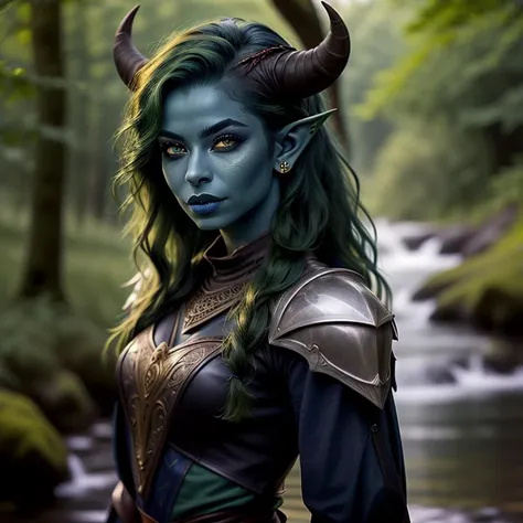 <lora:RPGTiefling:0.7> tiefling:1.2, solo, 1girl, tiny one inch tall horns, long hair, green hair, blue colored skin, pointy ears, lips, blurry, upper body, jewelry, leather armor, blurry, blurry background, realistic:1.3, depth of field, forest stream, (p...