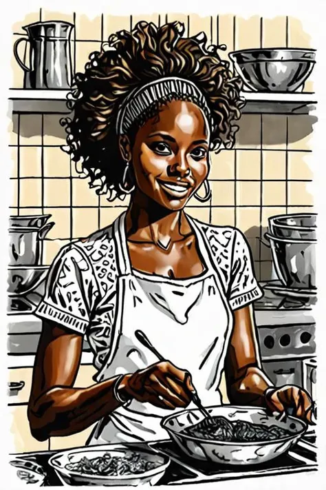 pen and ink illustration a Haitian beautiful young woman by cooking show
<lora:Baking_Illustration:1>
<lora:Baking_Illustration:1>